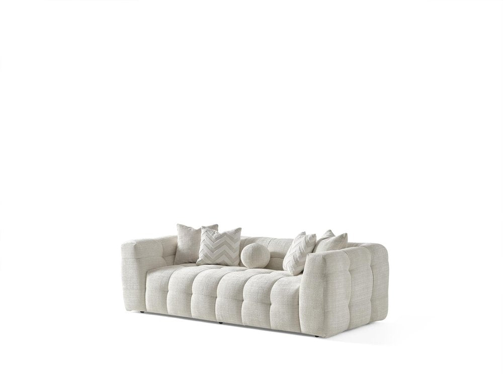 91" Beige Chenille Sofa With Toss Pillows