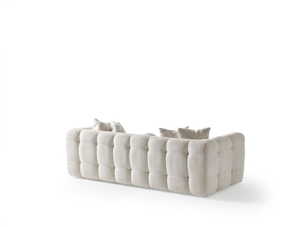 91" Beige Chenille Sofa With Toss Pillows