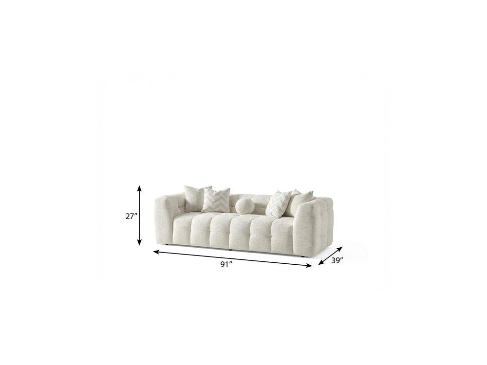 91" Beige Chenille Sofa With Toss Pillows