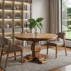 43" Brown Solid Wood Pedestal Base Round Top Dining Table