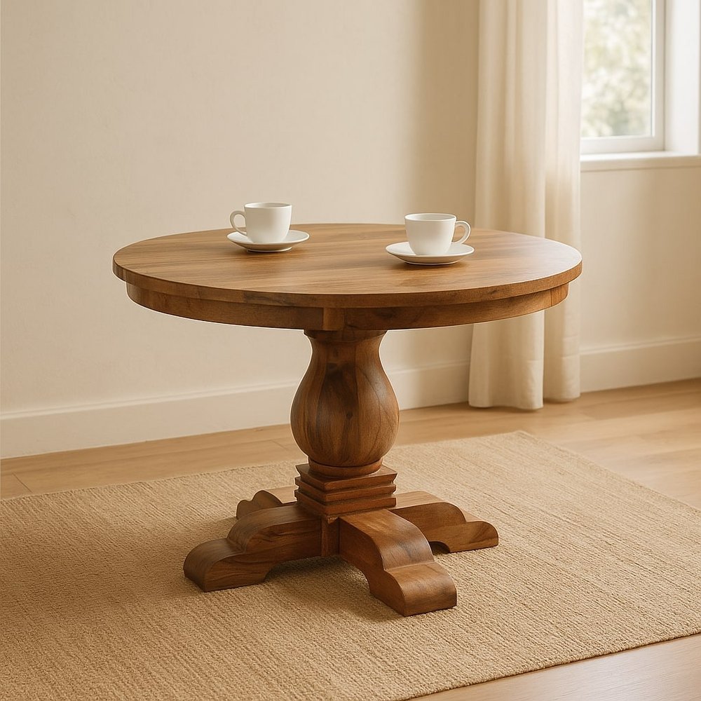 43" Brown Solid Wood Pedestal Base Round Top Dining Table