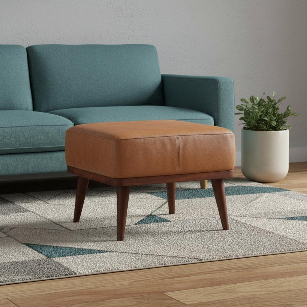 20" Tan And Chestnut Leather Ottoman