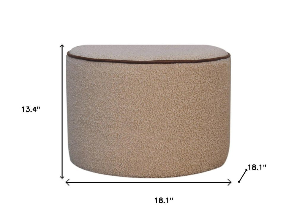 18" Beige And Brown Boucle And Genuine Leather Round Pouf Ottoman