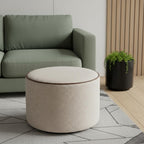 18" Beige And Brown Boucle And Genuine Leather Round Pouf Ottoman