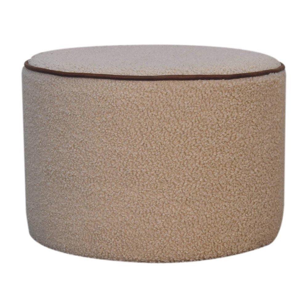 18" Beige And Brown Boucle And Genuine Leather Round Pouf Ottoman