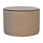 18" Beige And Brown Boucle And Genuine Leather Round Pouf Ottoman
