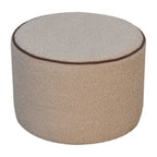18" Beige And Brown Boucle And Genuine Leather Round Pouf Ottoman