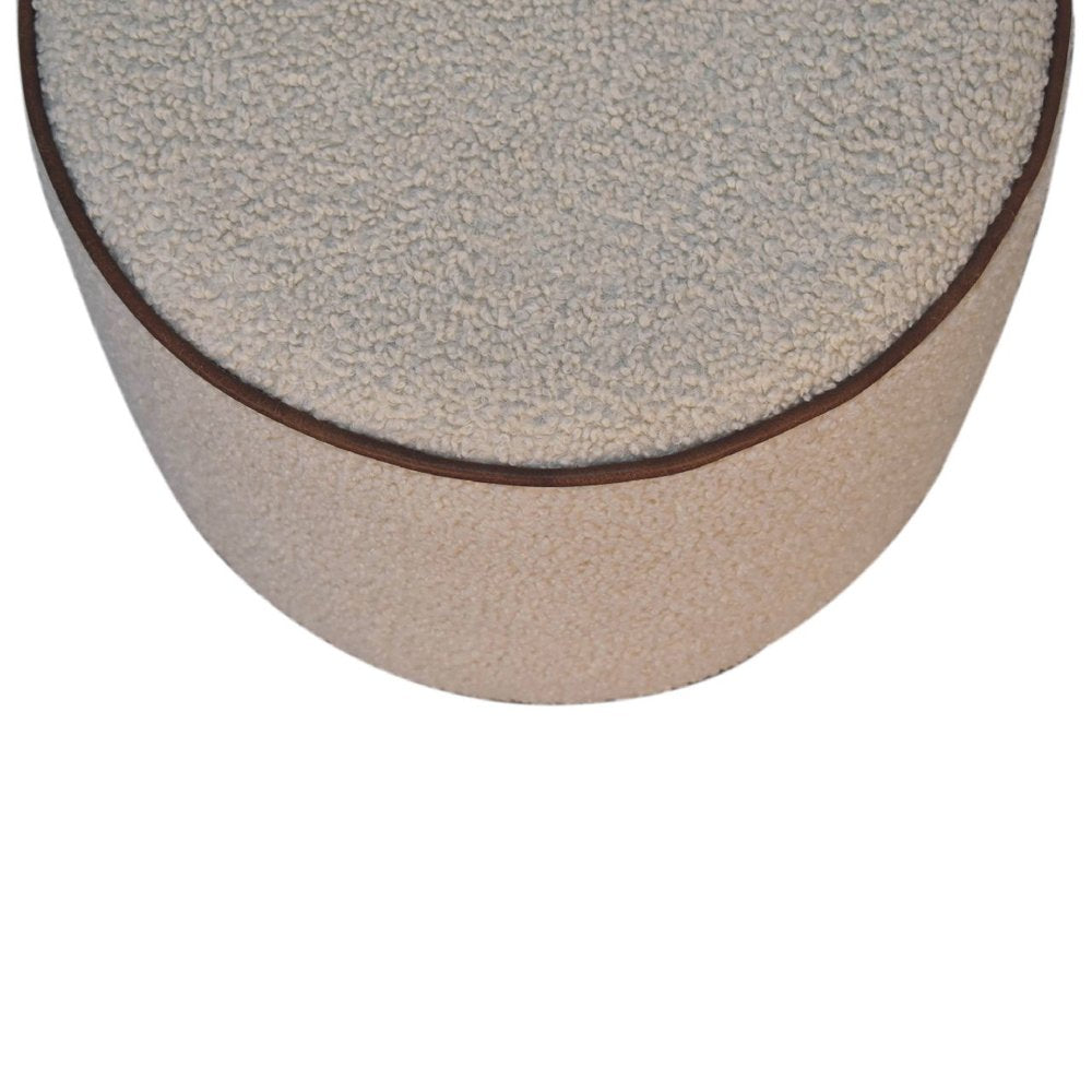 18" Beige And Brown Boucle And Genuine Leather Round Pouf Ottoman