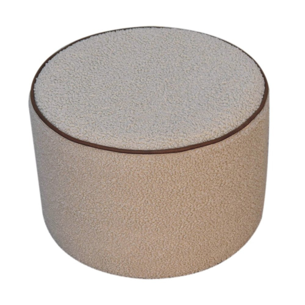 18" Beige And Brown Boucle And Genuine Leather Round Pouf Ottoman