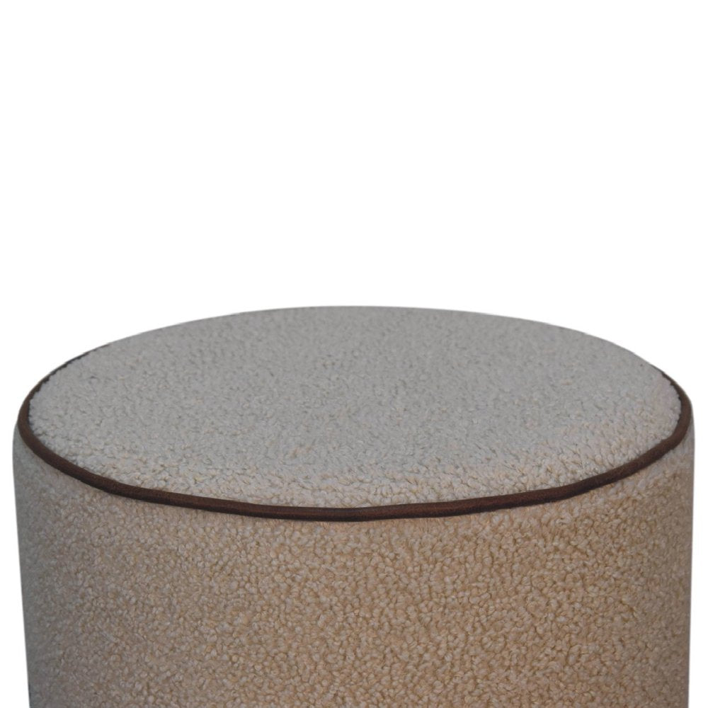 18" Beige And Brown Boucle And Genuine Leather Round Pouf Ottoman