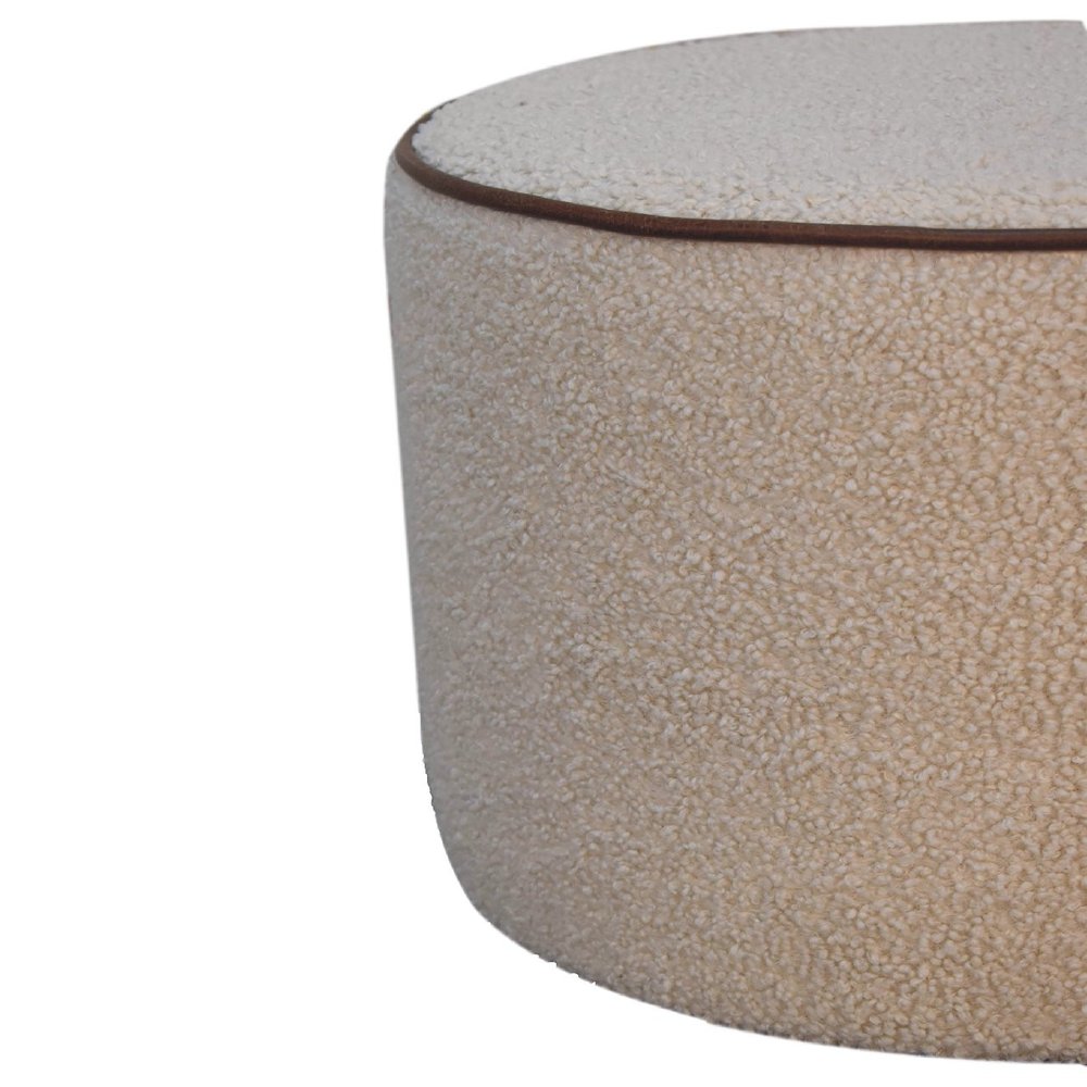 18" Beige And Brown Boucle And Genuine Leather Round Pouf Ottoman