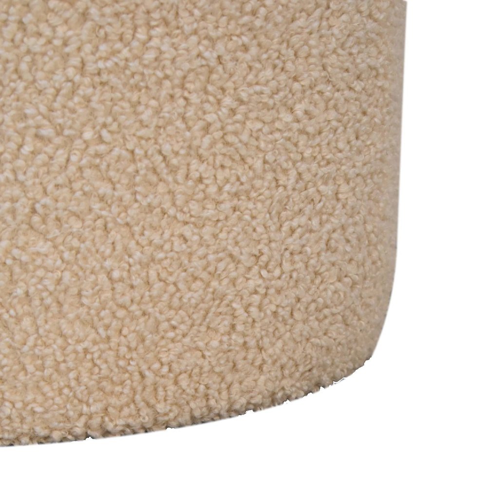 18" Beige And Brown Boucle And Genuine Leather Round Pouf Ottoman