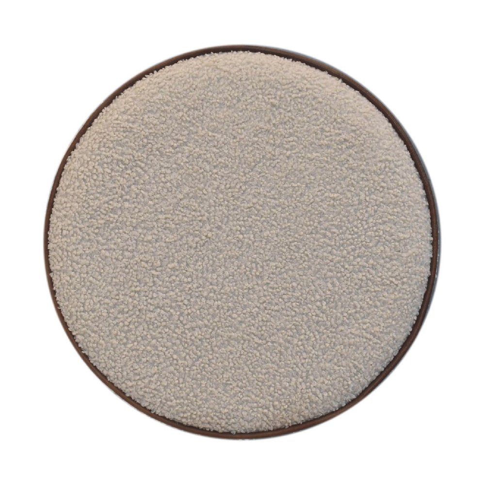 18" Beige And Brown Boucle And Genuine Leather Round Pouf Ottoman