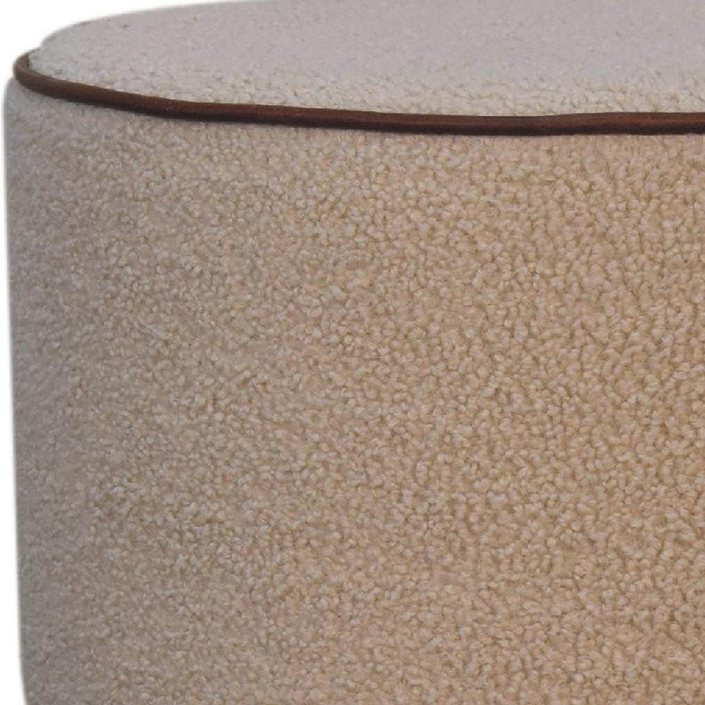 18" Beige And Brown Boucle And Genuine Leather Round Pouf Ottoman