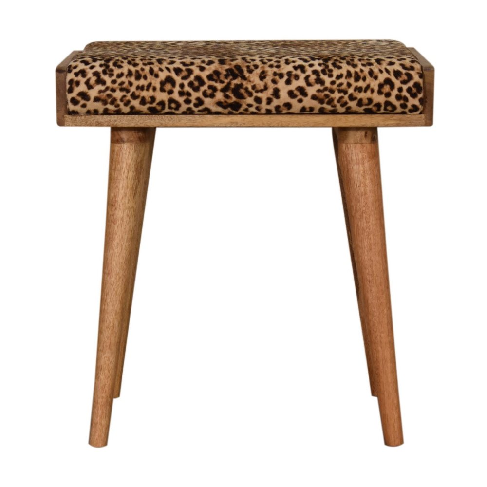 20" Brown Velvet And Wood Leopard Footstool