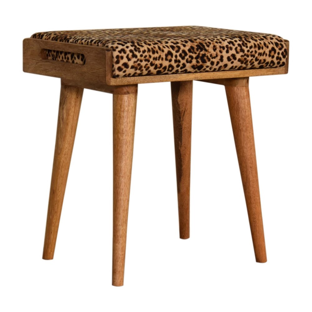 20" Brown Velvet And Wood Leopard Footstool