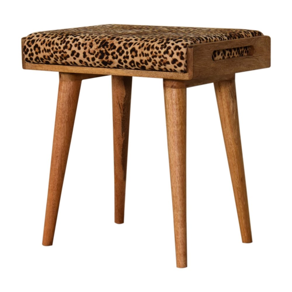 20" Brown Velvet And Wood Leopard Footstool