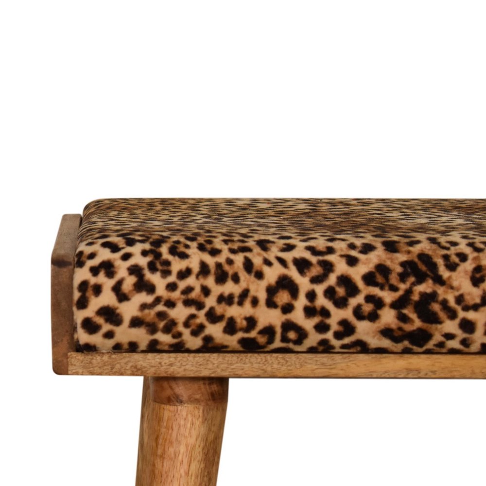 20" Brown Velvet And Wood Leopard Footstool
