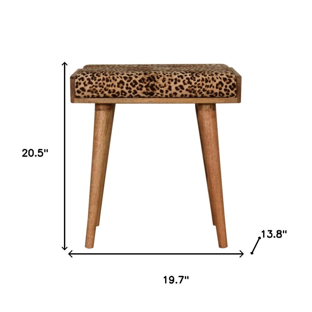 20" Brown Velvet And Wood Leopard Footstool