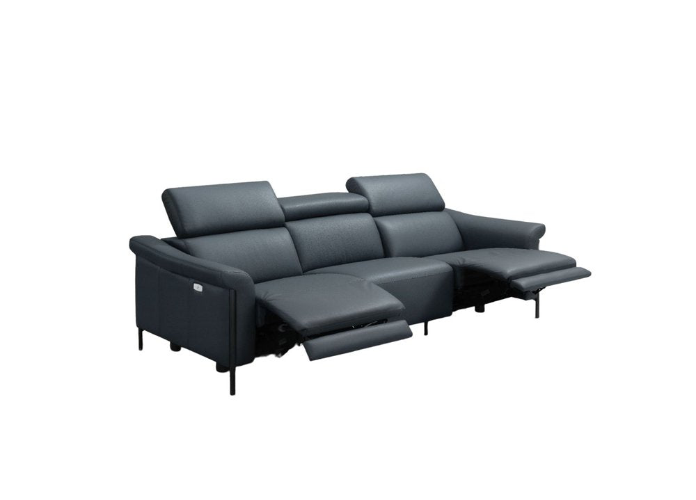 96" Blue Leather Reclining USB Sofa