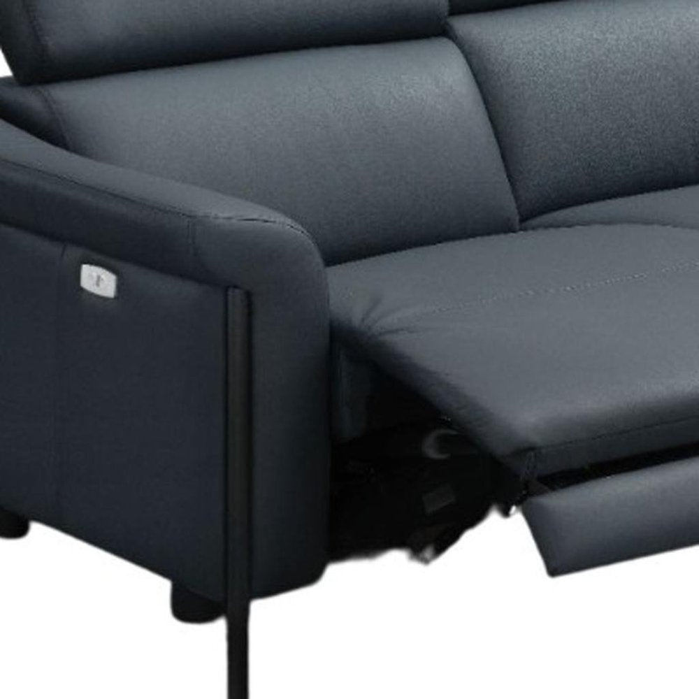 96" Blue Leather Reclining USB Sofa