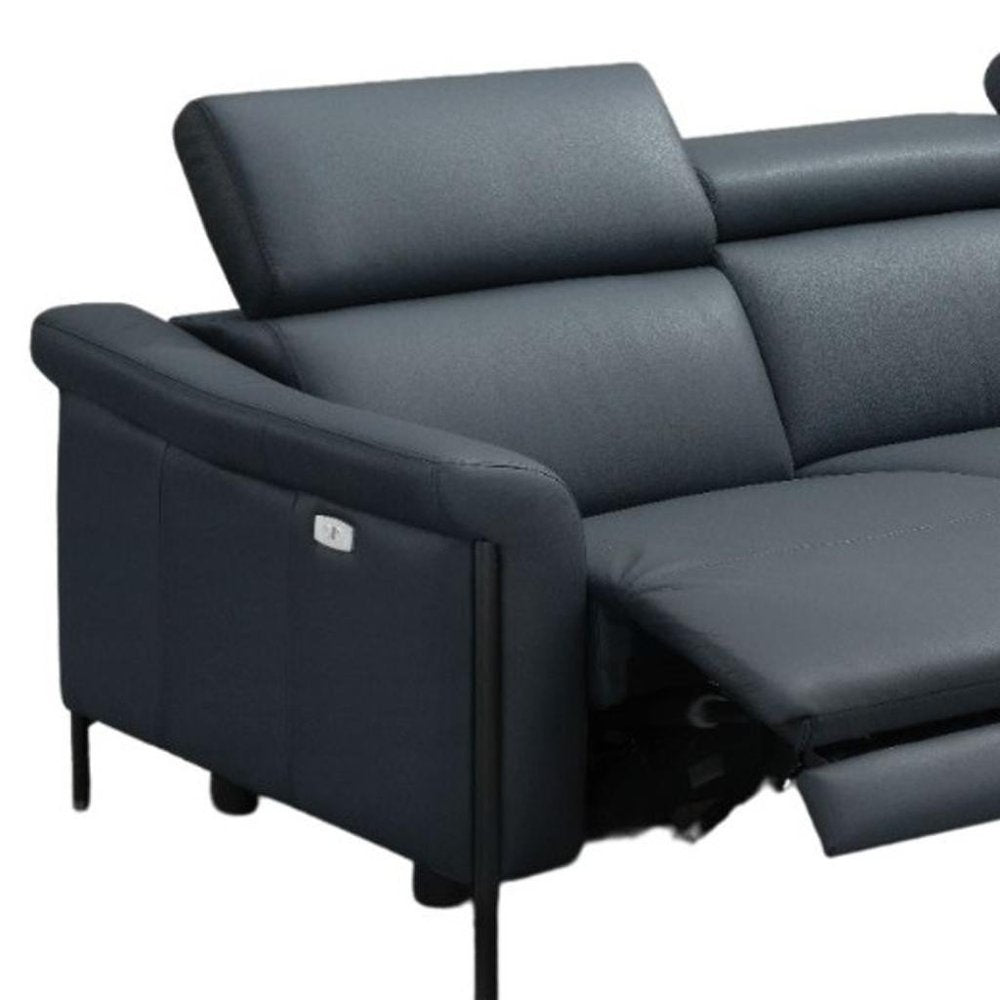 96" Blue Leather Reclining USB Sofa