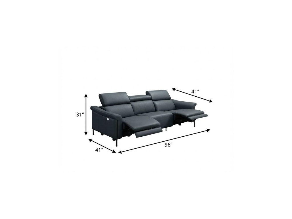 96" Blue Leather Reclining USB Sofa
