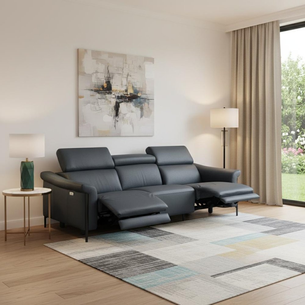 96" Blue Leather Reclining USB Sofa