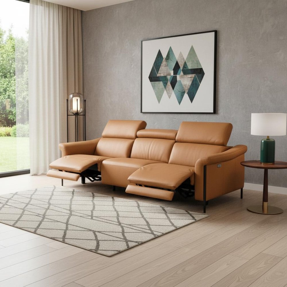 96" Camel Leather Reclining USB Sofa