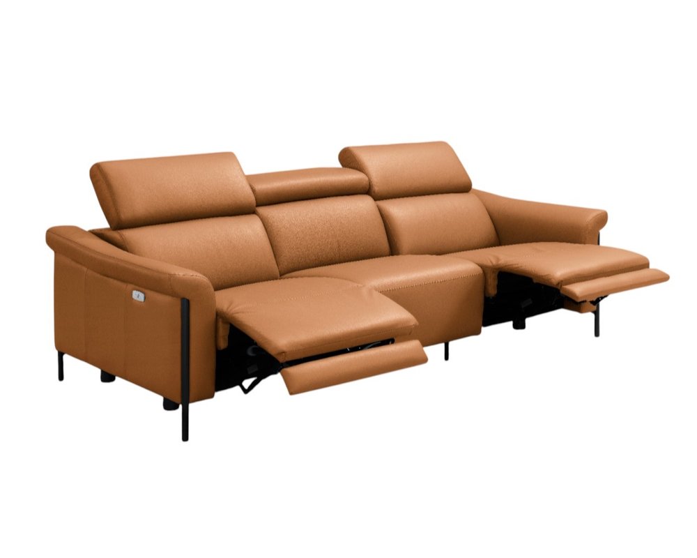 96" Camel Leather Reclining USB Sofa