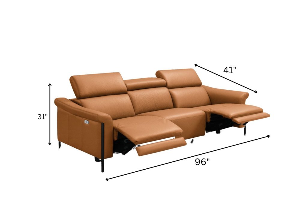 96" Camel Leather Reclining USB Sofa