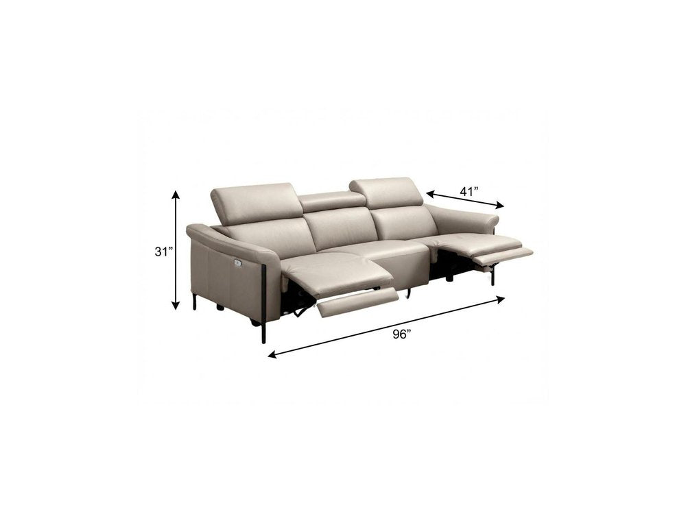 96" Light Gray Leather Reclining USB Sofa