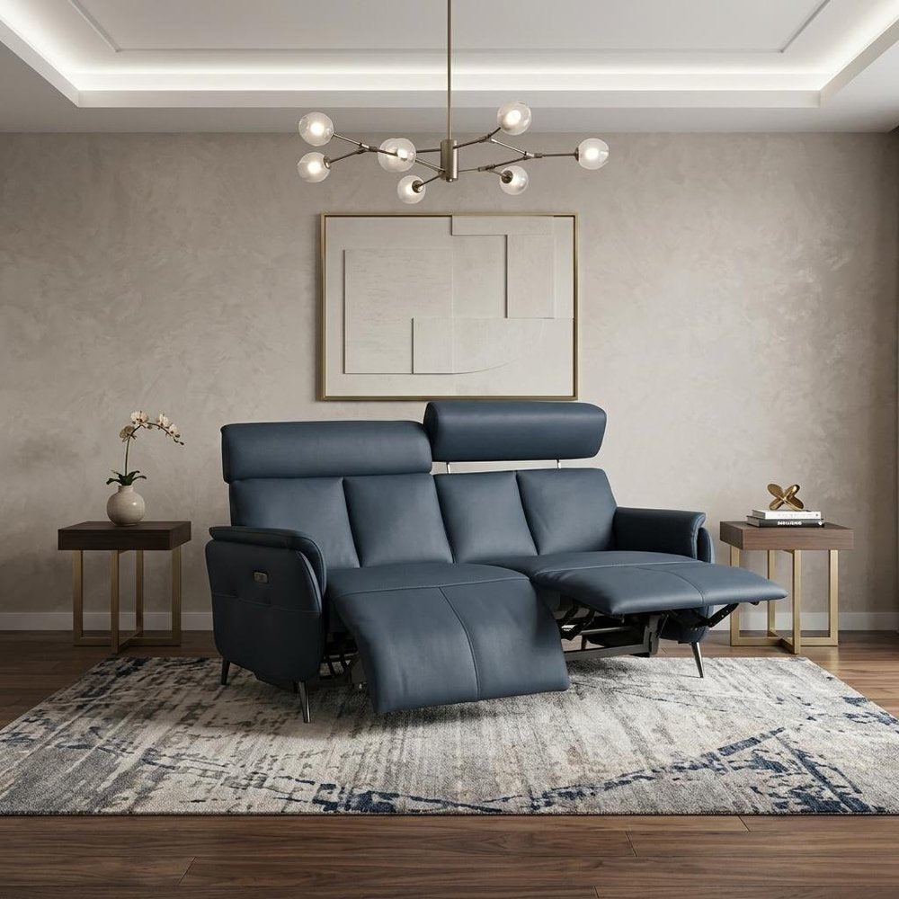 73" Blue Leather Reclining USB Sofa