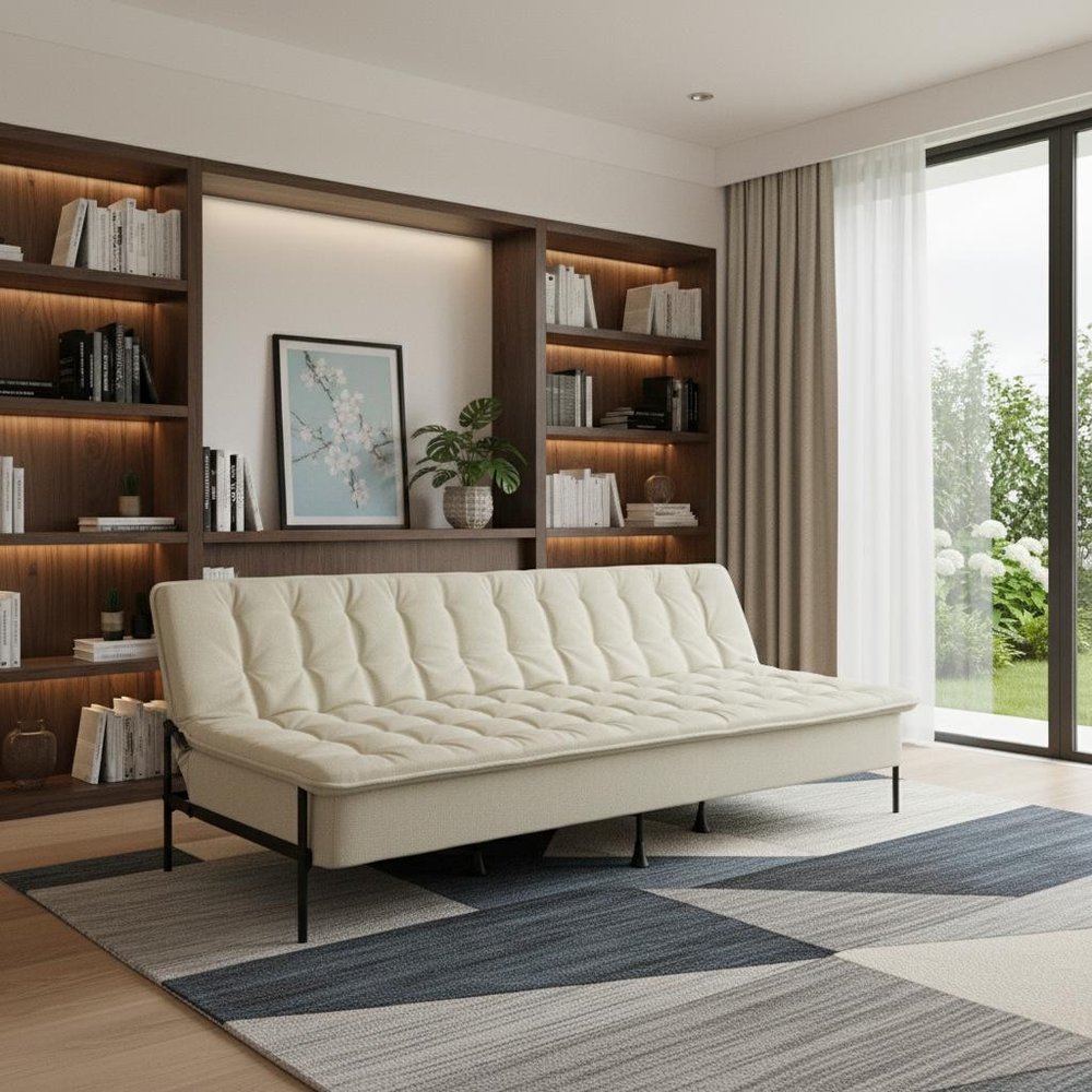 77" Beige Upholstered Convertible Futon Sleeper Sofa