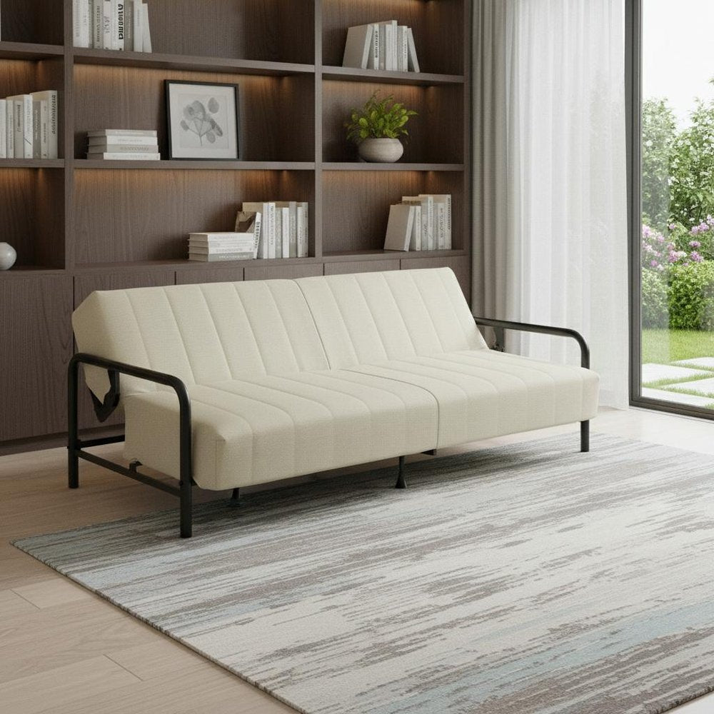 79" Beige Upholstered And Steel Convertible Futon Sleeper Sofa