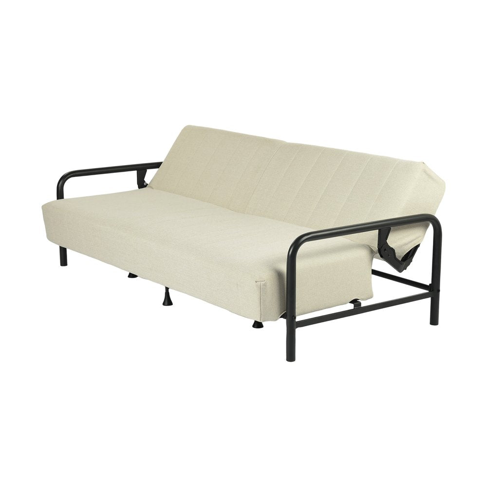 79" Beige Upholstered And Steel Convertible Futon Sleeper Sofa