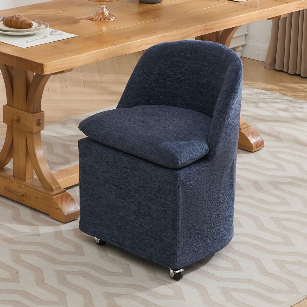 Set of Two Blue Chenille Wing Back Dining Chairs With Wheels