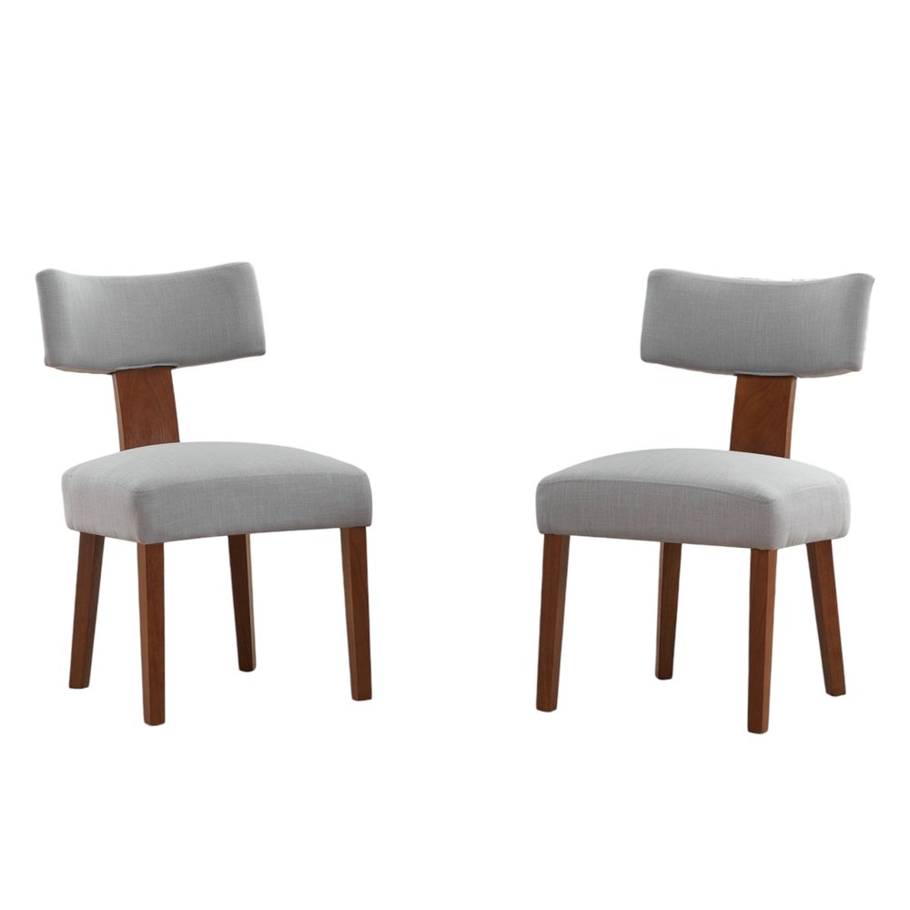 Set of Two Beige and Brown Linen and Solid Wood Dining Side Chairs