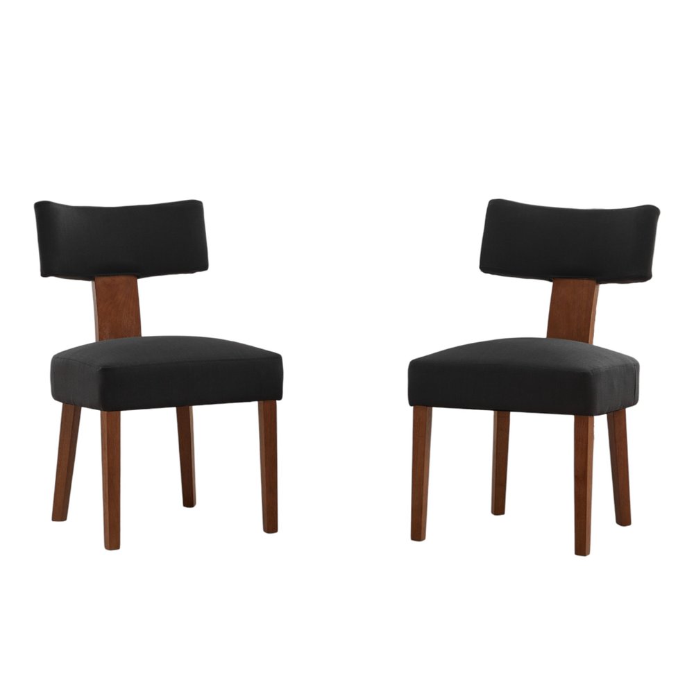 Set of Two Beige and Brown Linen and Solid Wood Dining Side Chairs