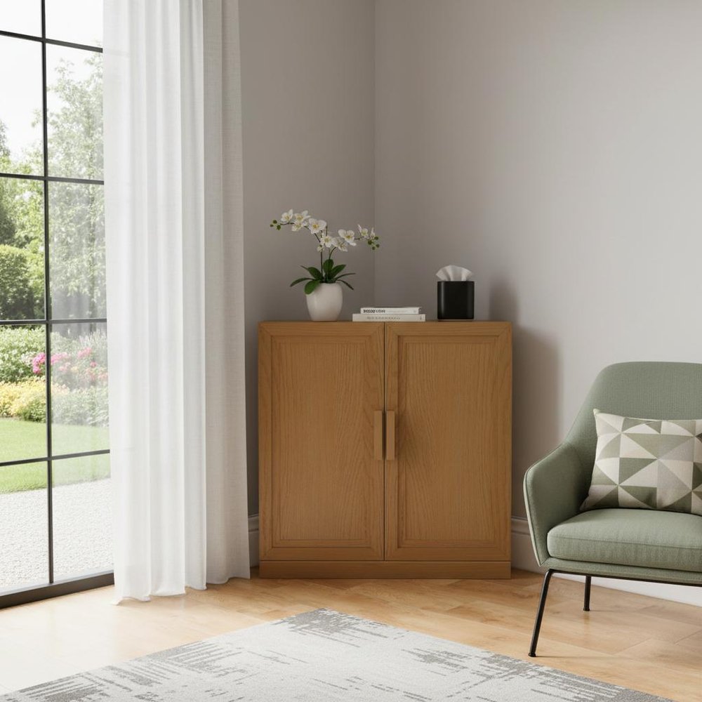 31" Natural Wood Corner Paneled Accent Cabinet With Two Doors