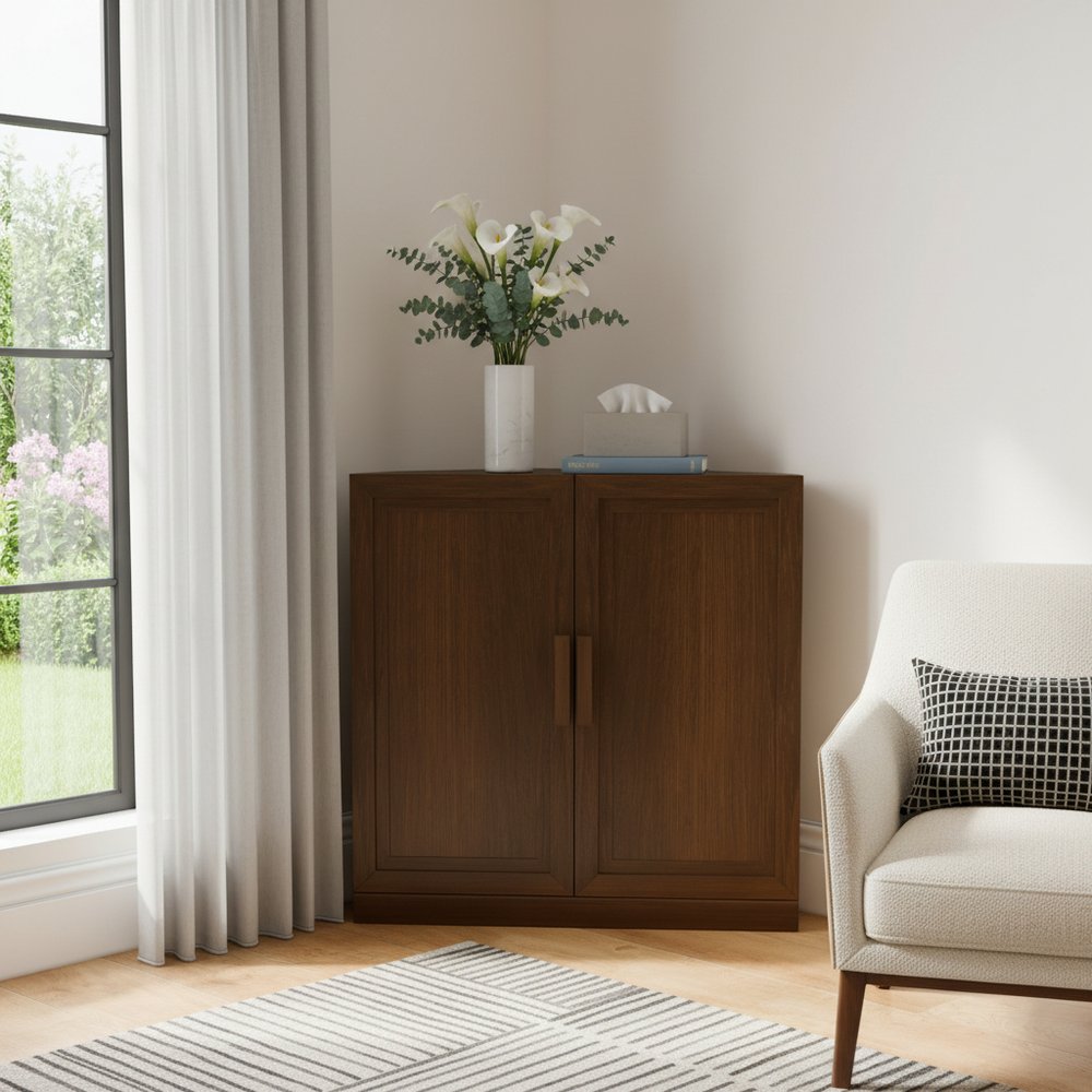31" Walnut Wood Corner Accent Cabinet With Two Doors