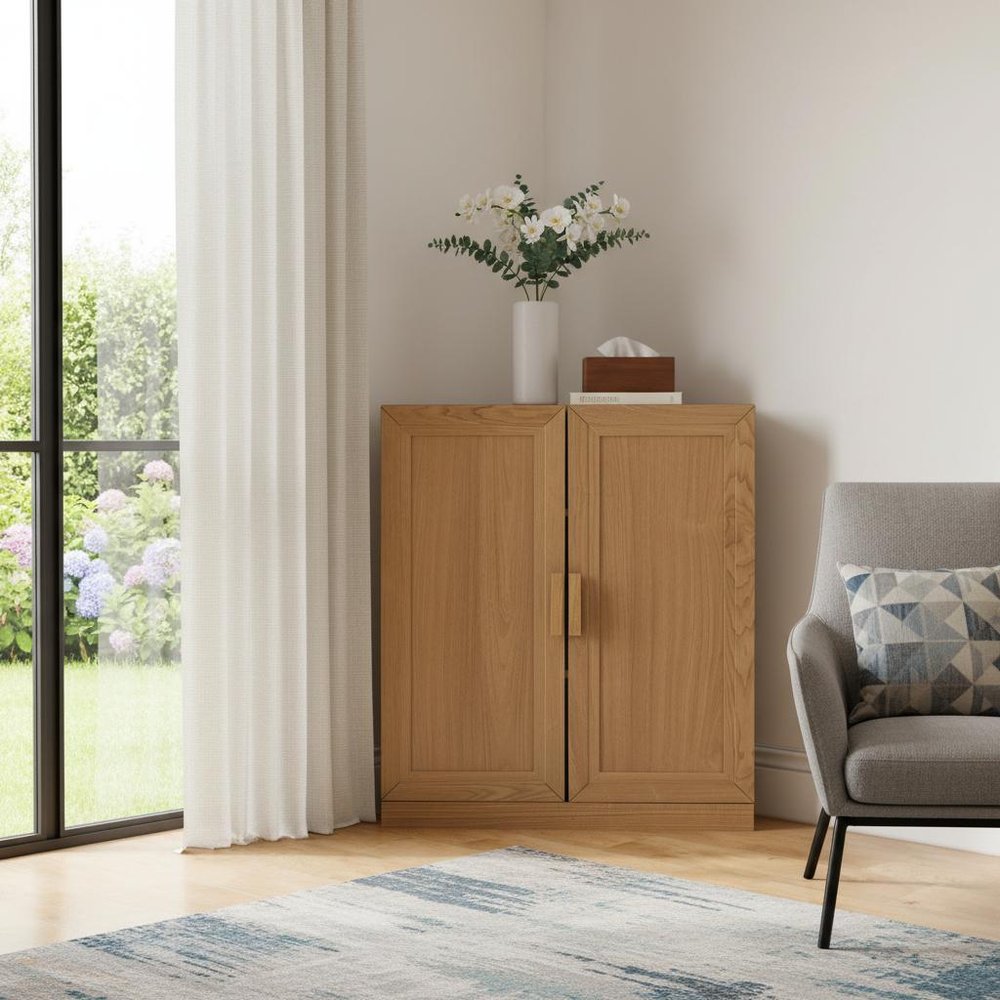Set Of Two Natural Wood Corner Accent Cabinet With Two Doors