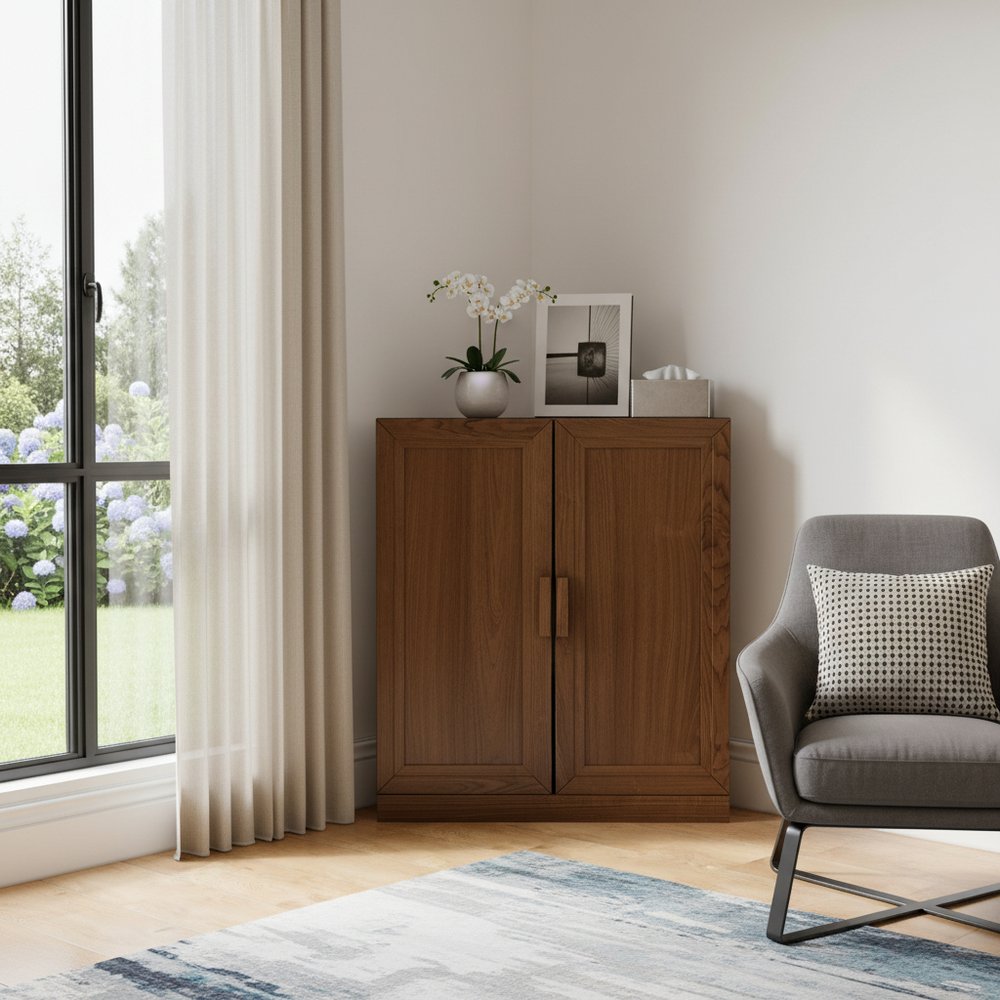 Set Of Two Walnut Wood Corner Accent Cabinet With Two Doors