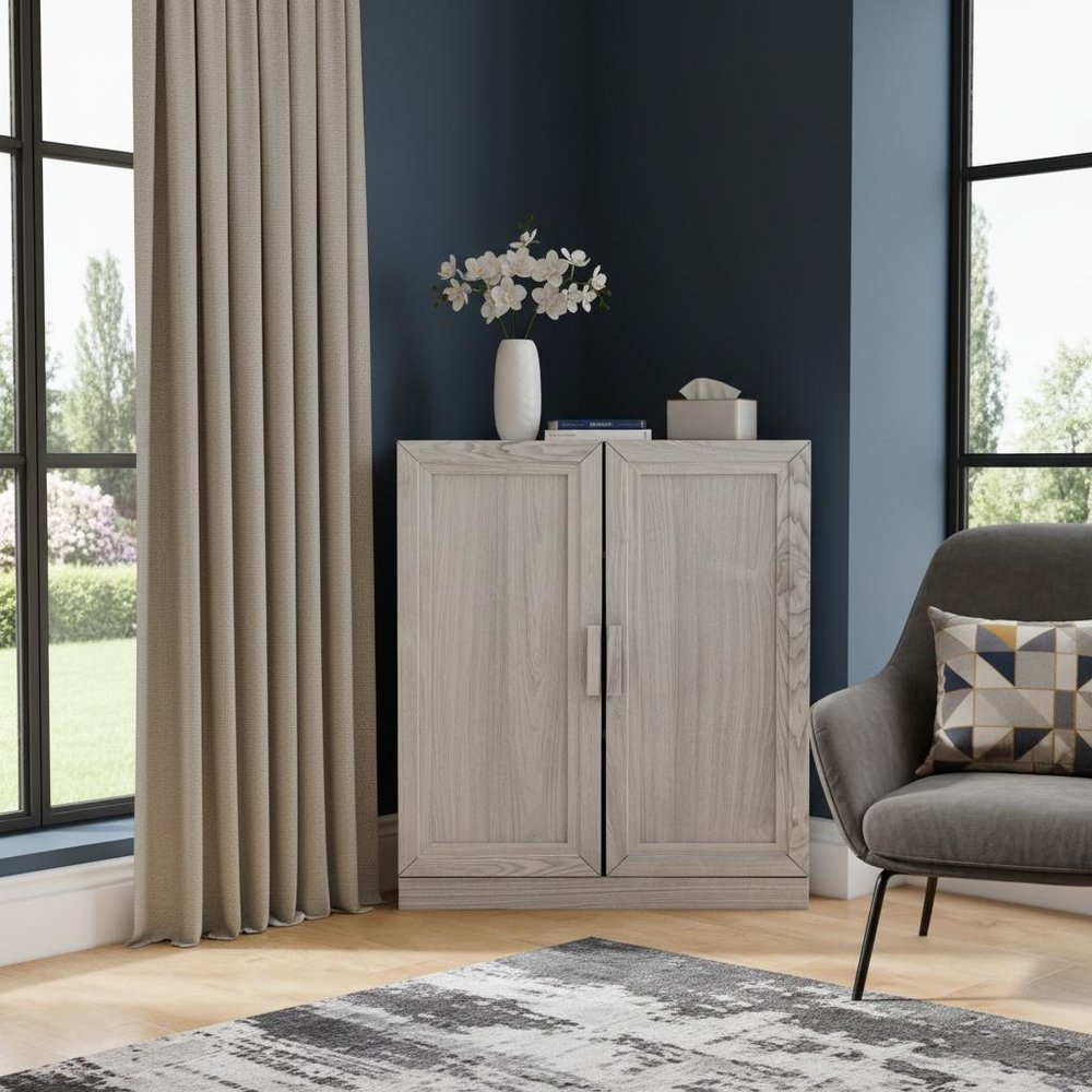Set Of Two White Wood Corner Accent Cabinet With Two Doors