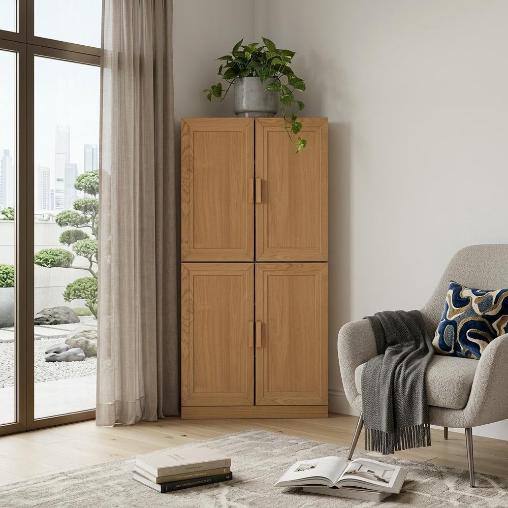 Set Of Two Natural Wood Corner Accent Cabinet With Two Doors