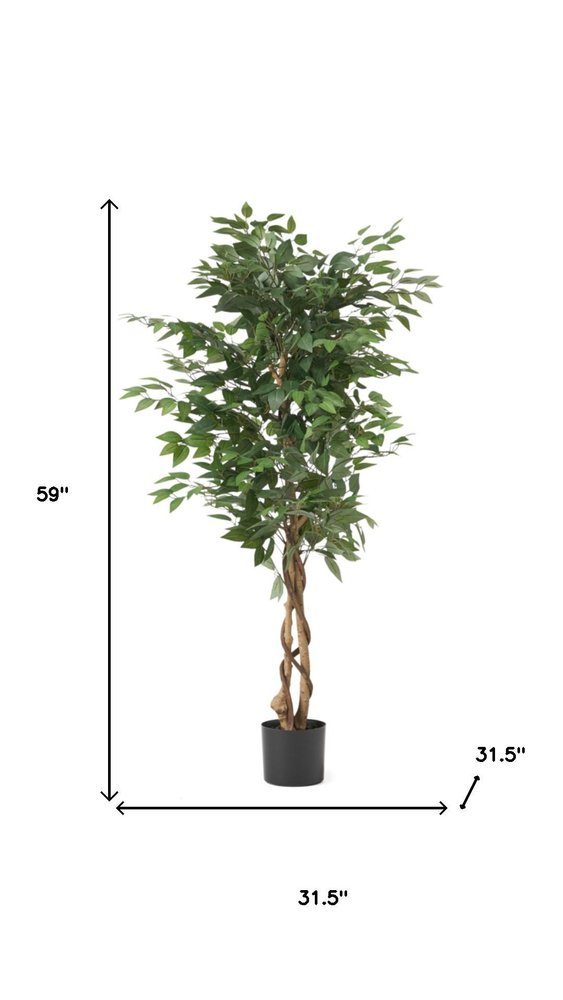 59" Green Artificial Ficus Tree In Cylindrical Black Pot