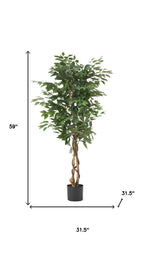 59" Green Artificial Ficus Tree In Cylindrical Black Pot