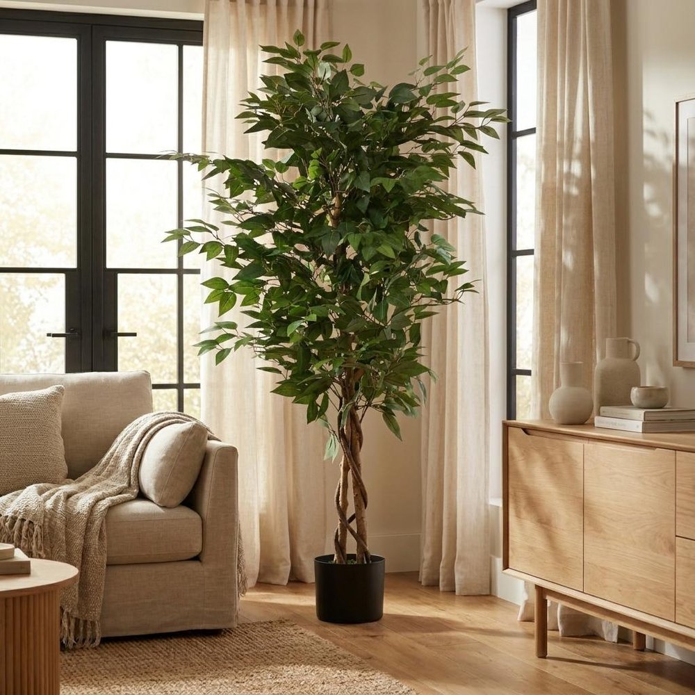 59" Green Artificial Ficus Tree In Cylindrical Black Pot