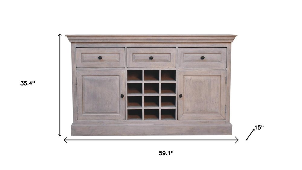 59" Brown Distressed Solid Wood Three Drawer Buffet Table With Two Doors