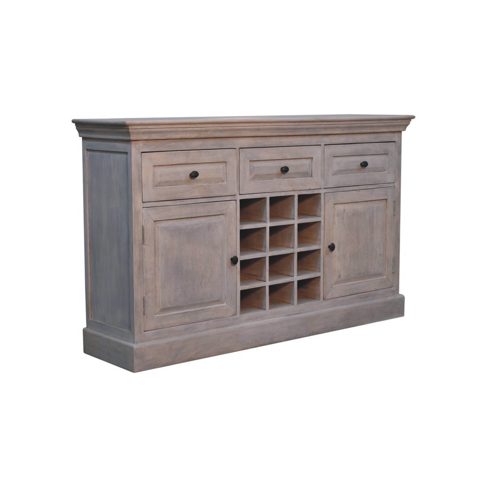 59" Brown Distressed Solid Wood Three Drawer Buffet Table With Two Doors